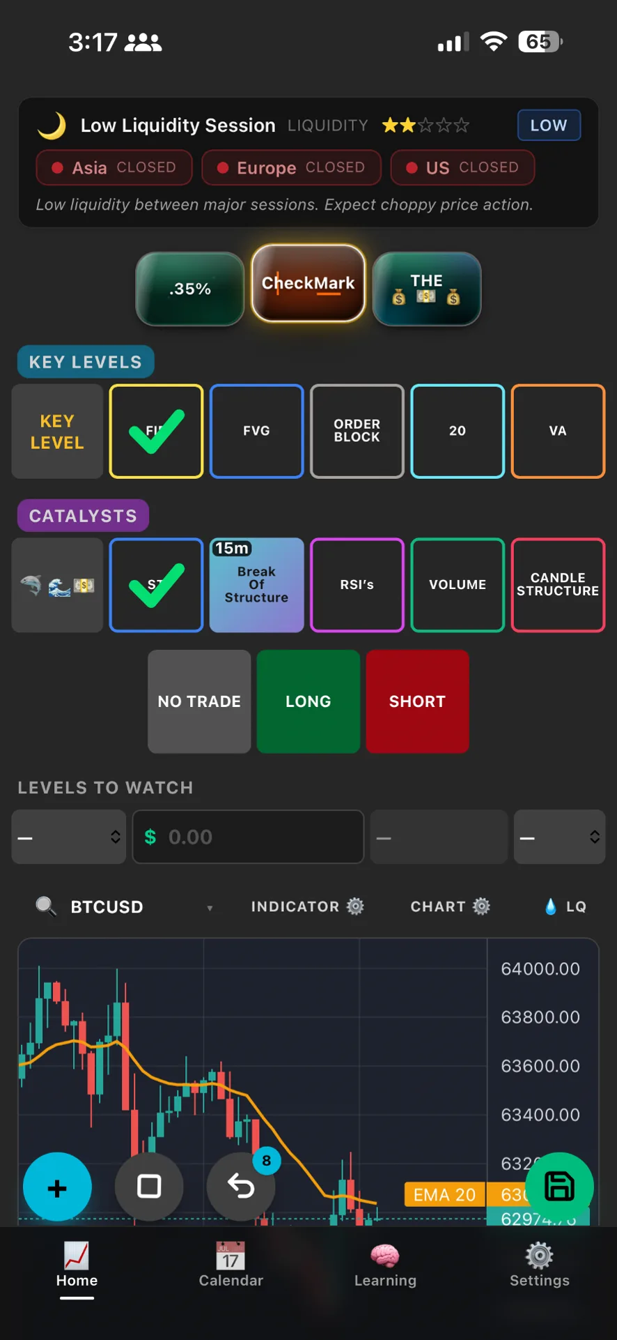 Trade by Trade customizable checklist grid with strategy pages, key levels and catalysts